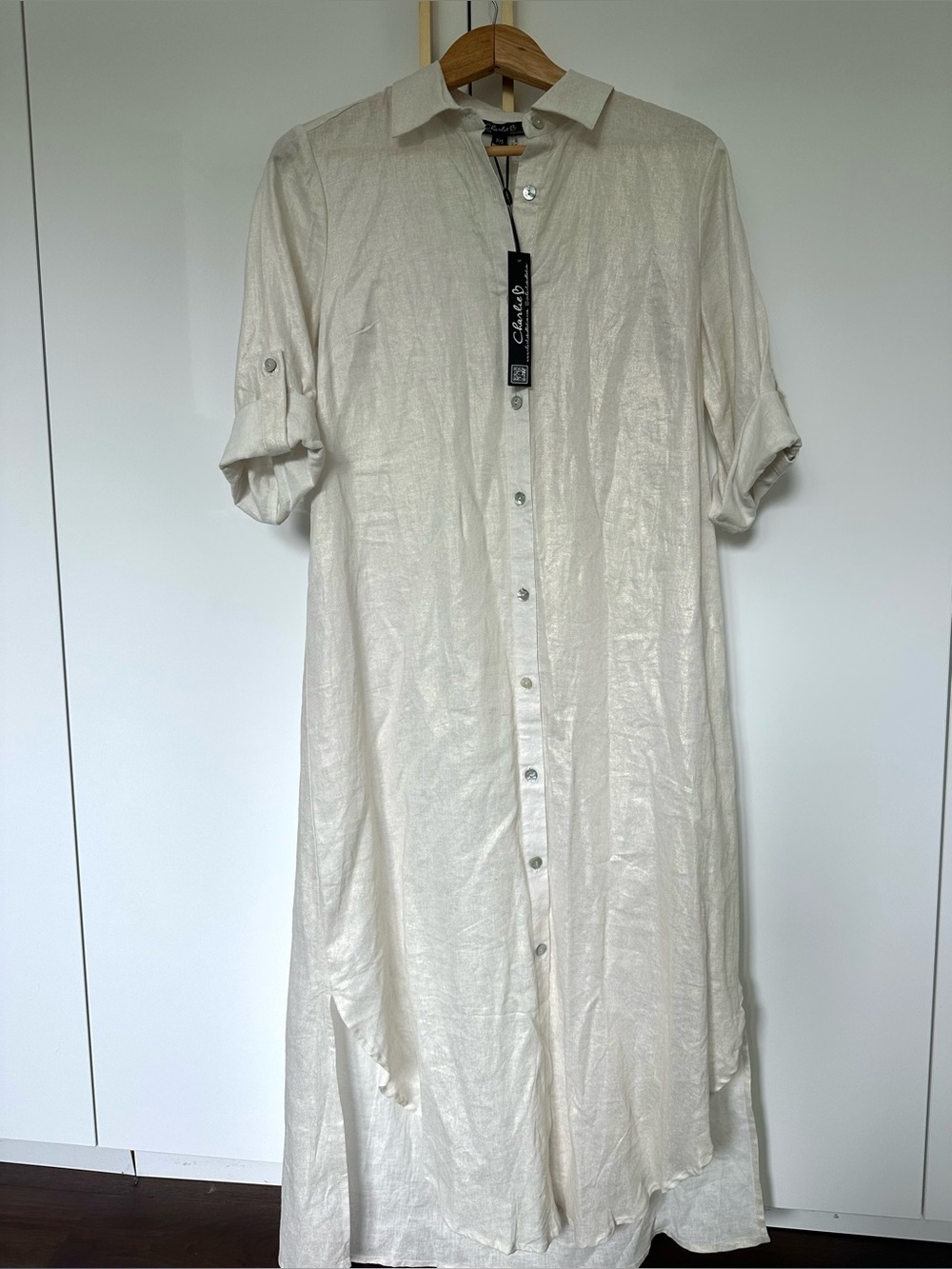 Charlie B Linen Blend Button Front Maxi Shirt Dress Small NWT